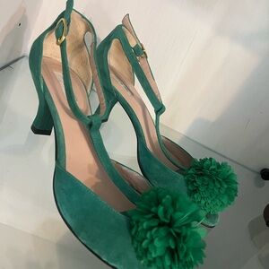 Elegant Green T-Strap Heels with Floral Accent